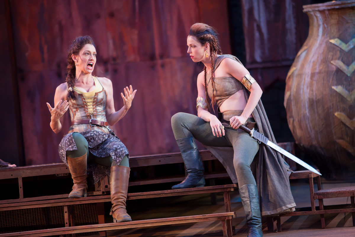 Troilus and Cressida: Mare Trevathan as Ulysses, Kelsey Didion as Agamemnon. (Photo credit Jennifer Koskinen)